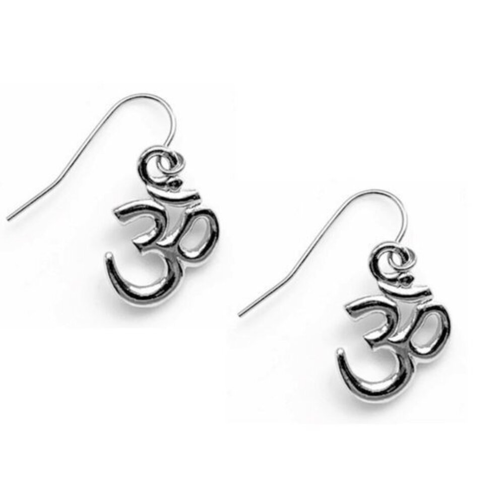 Om Symbol Earrings Silver Dangle on Hypoallergenic Sterling Silver Wires Womens